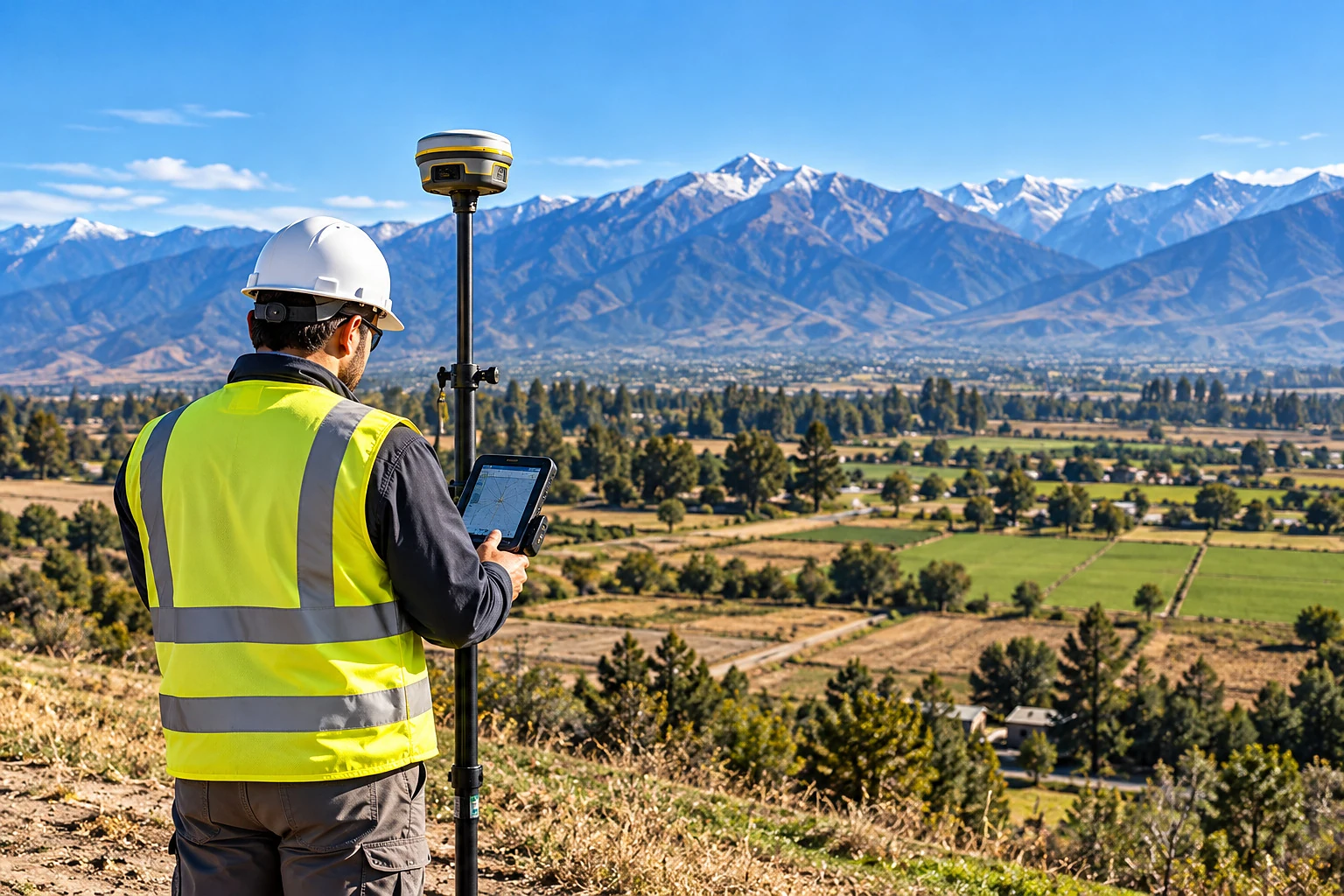 Topógrafo realizando un levantamiento topográfico con equipo GNSS en terreno rural
